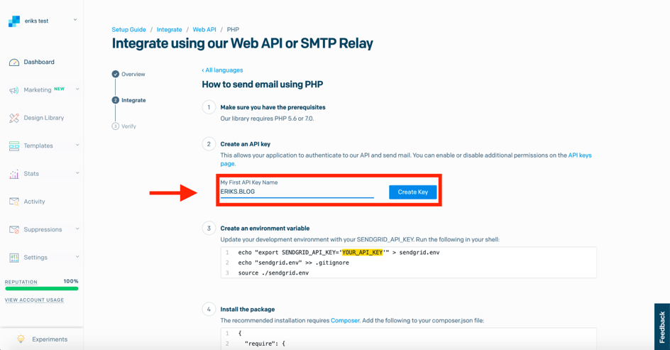 SendGrid Web API Key erstellen 3