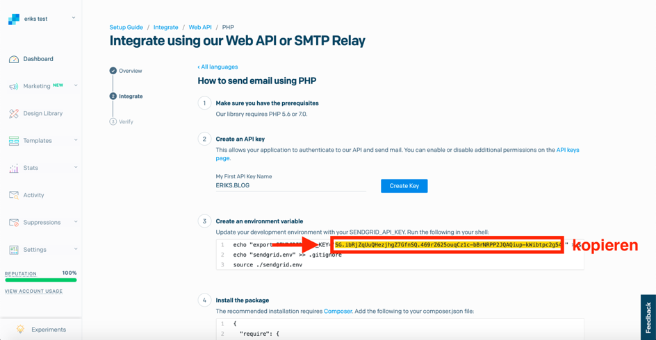 SendGrid Web API Key erstellen 4