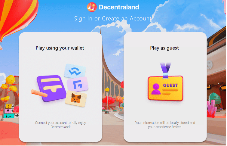 Decentraland anmelden als Gast oder mit Wallet verbinden