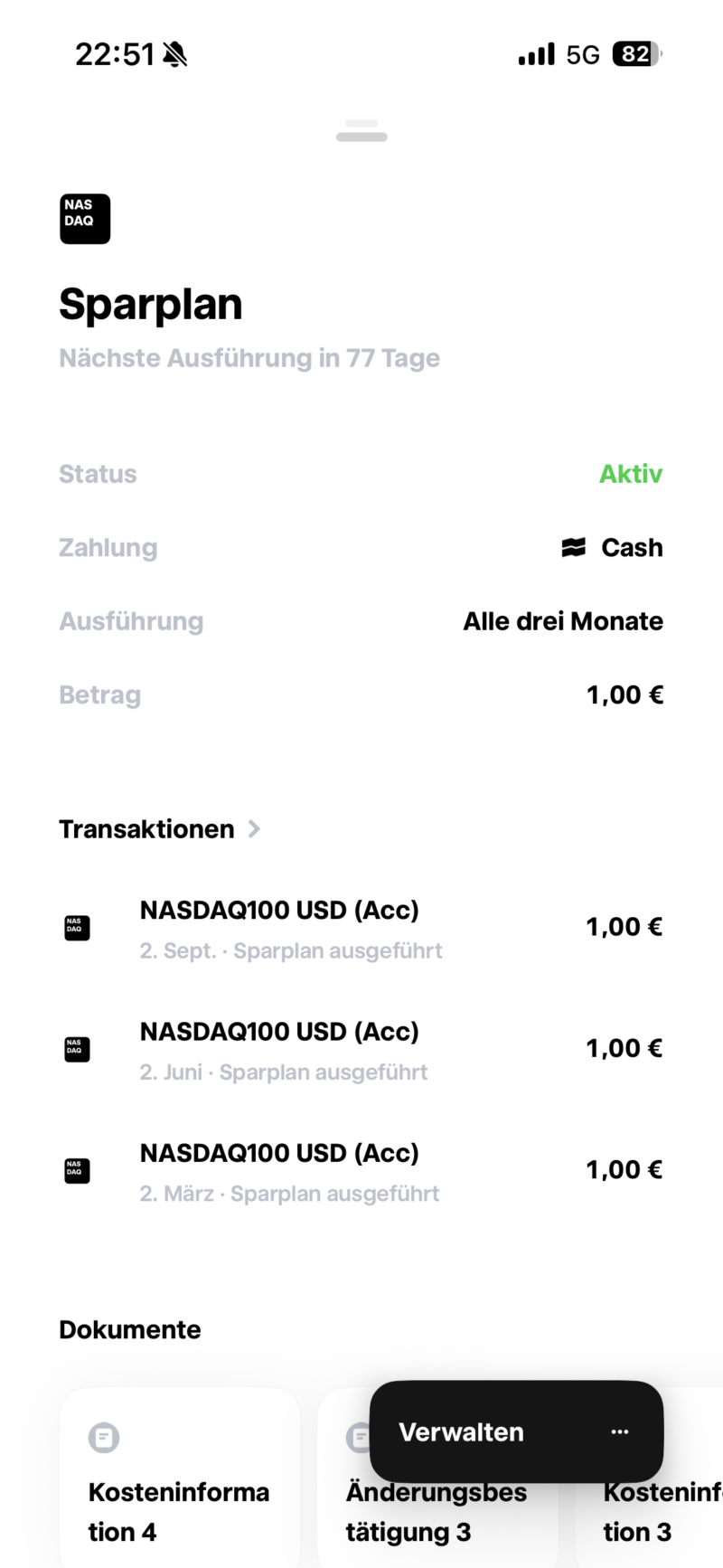 Trade Republic App: Sparplan-Detail mit Verwalten-Button
